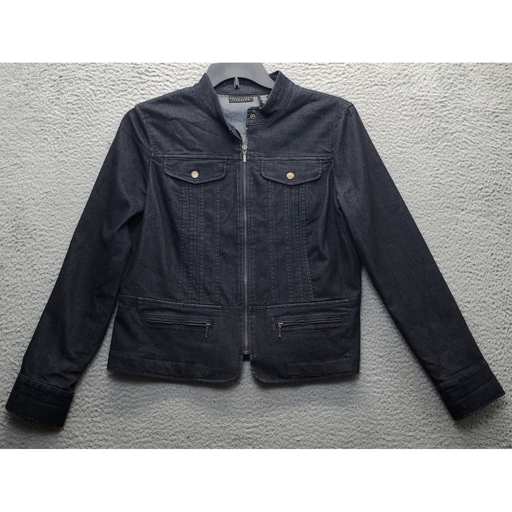 Apostrophe‎ Paris Denim Jacket Women's 14 Black Cotton Stretch Pocket Zipper EUC